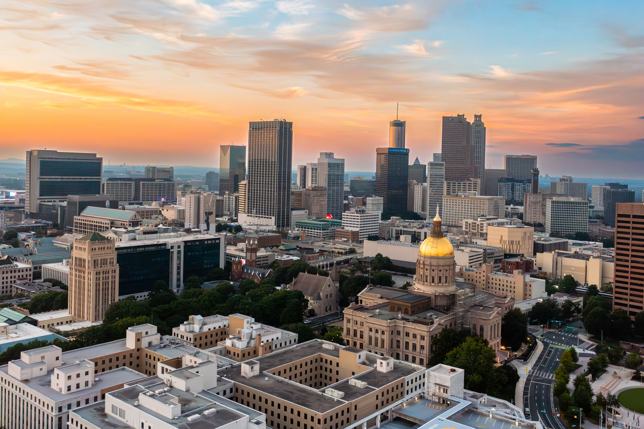 Atlanta Georgia State Capitol and city skyline aerial establishing shot